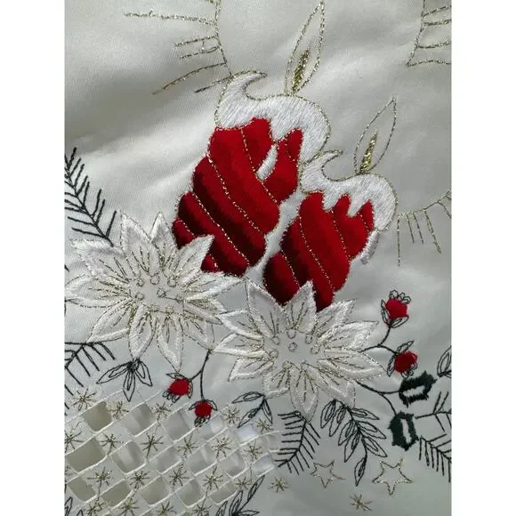 Vintage Christmas table cloth with stitched candles off white 34x34